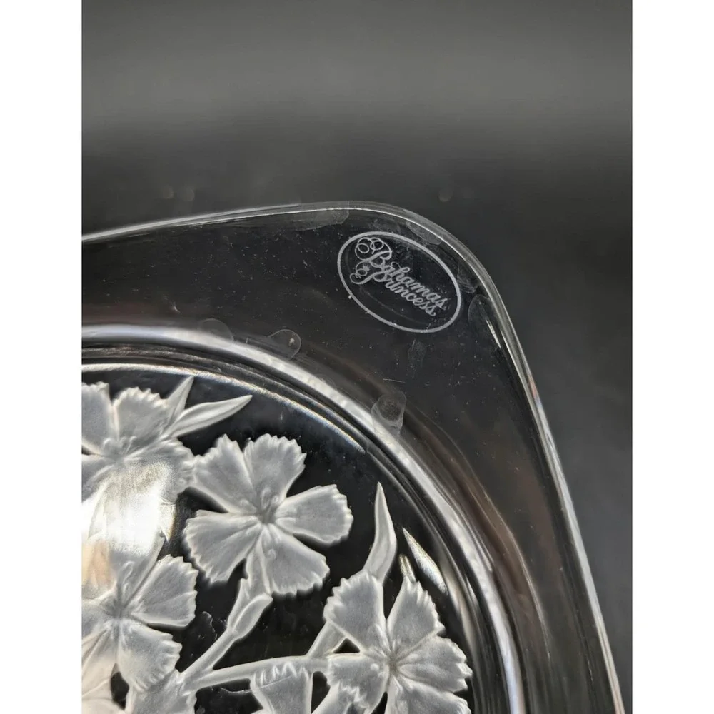 Vintage Bahamas Princess Frosted Floral Clear Glass Square‎ Serving Tray Dish